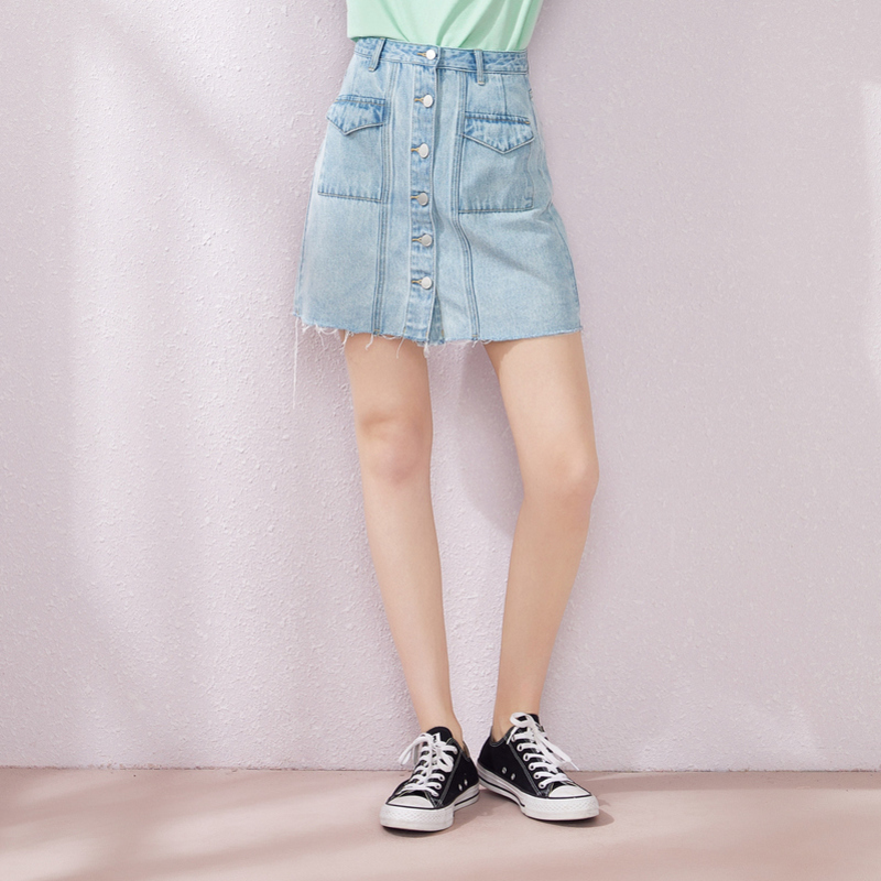 【满198减100预估价：30】Semir森马半身裙女2019夏季新款牛仔裙子少女潮流毛边学生口袋a字短裙