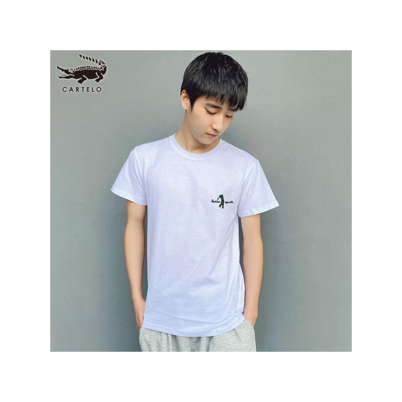 卡帝乐鳄鱼(100%棉) 夏季新款男士白色短袖圆领T恤高尔夫印花时尚百搭