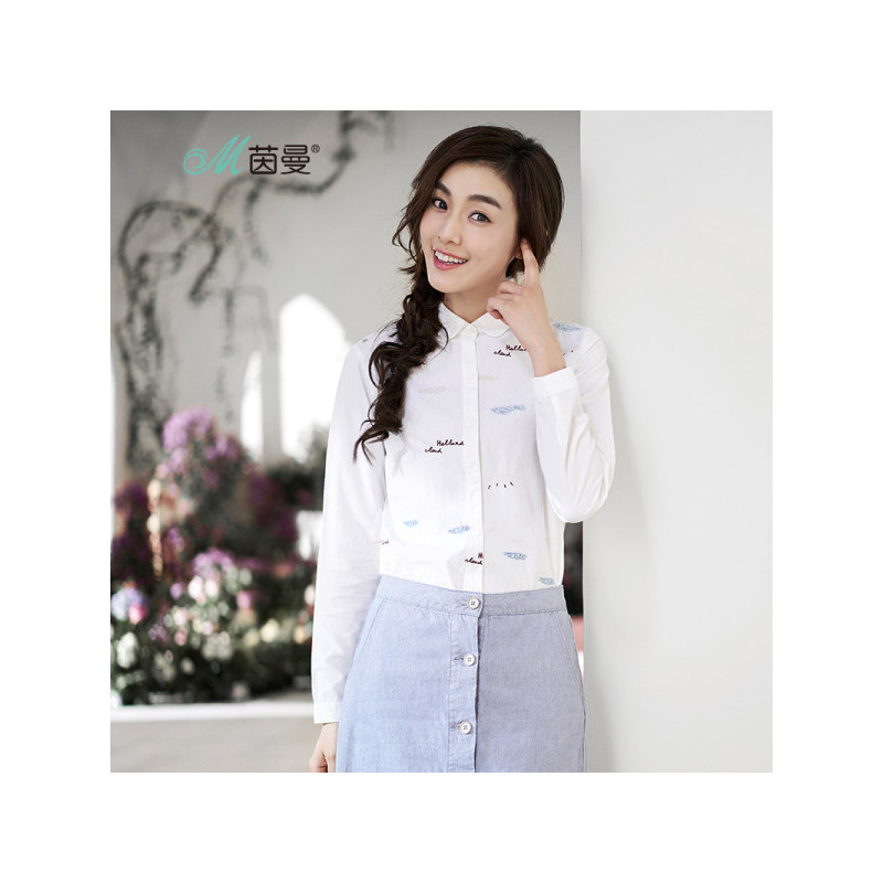 茵曼秋装新款文艺范云朵绣花百搭长袖衬衫衬衣女1871011044