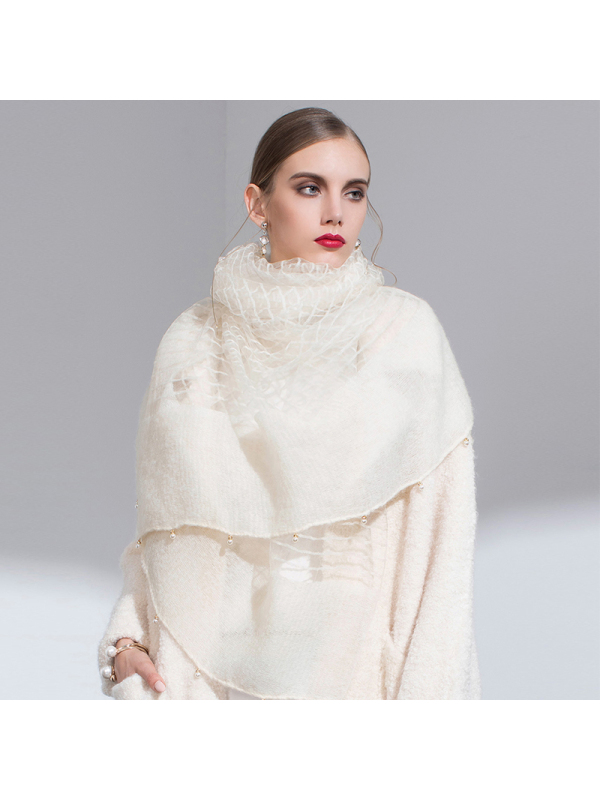 宏达HONDAR 女款纯色优美真丝马海毛手工钉珠羊毛围巾披肩 WJ764