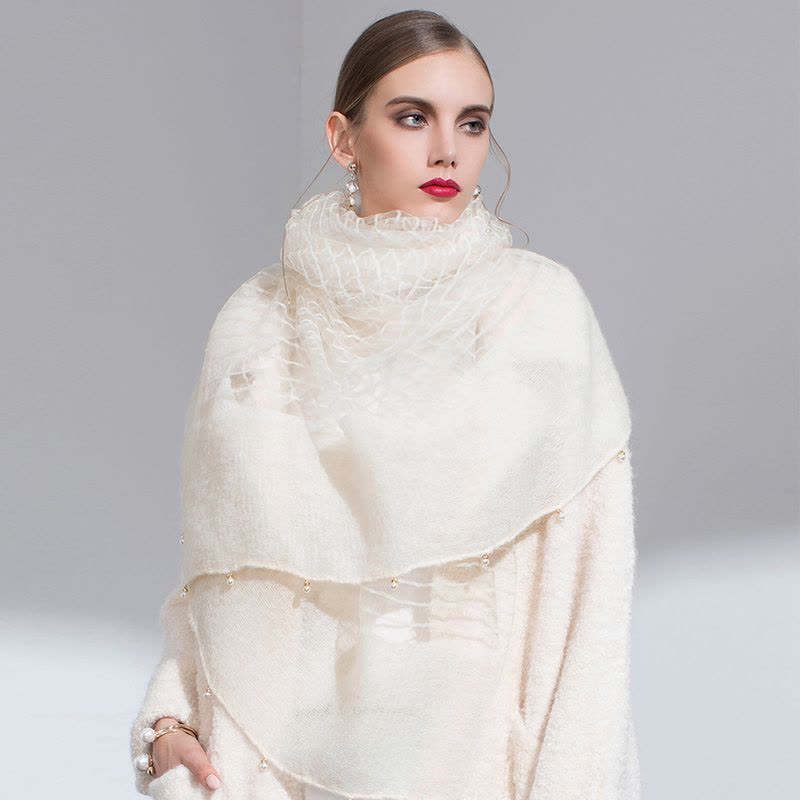 宏达HONDAR 女款纯色优美真丝马海毛手工钉珠羊毛围巾披肩 WJ764图片