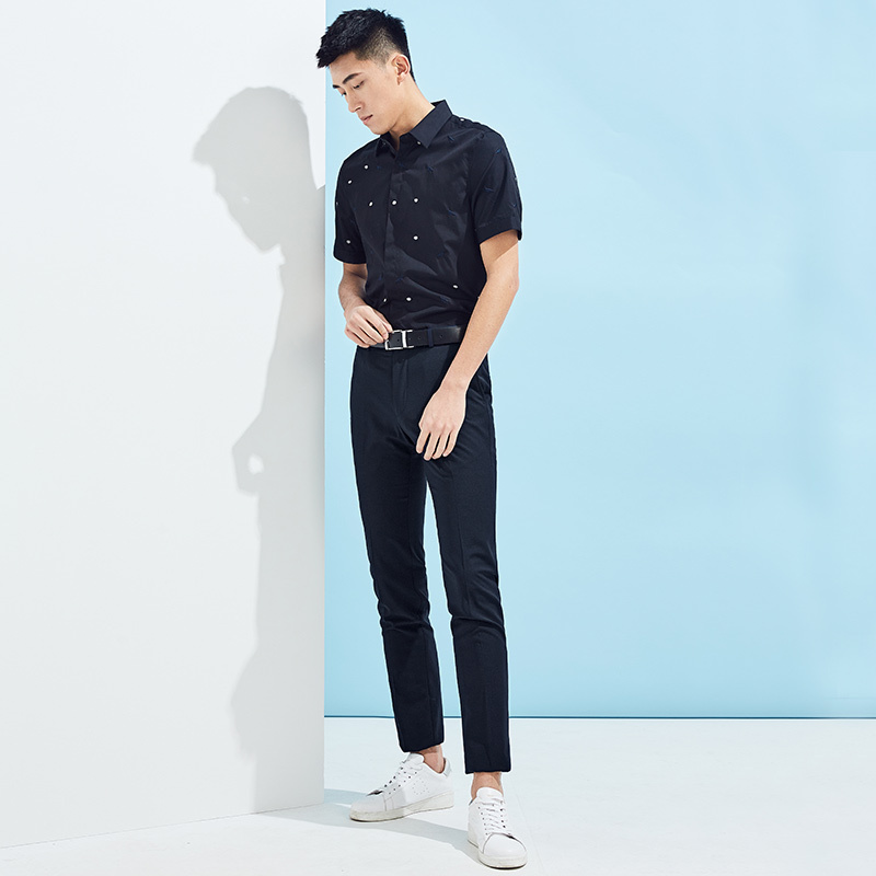 太平鸟男装秋季青年藏蓝色中腰直筒裤子时尚休闲裤