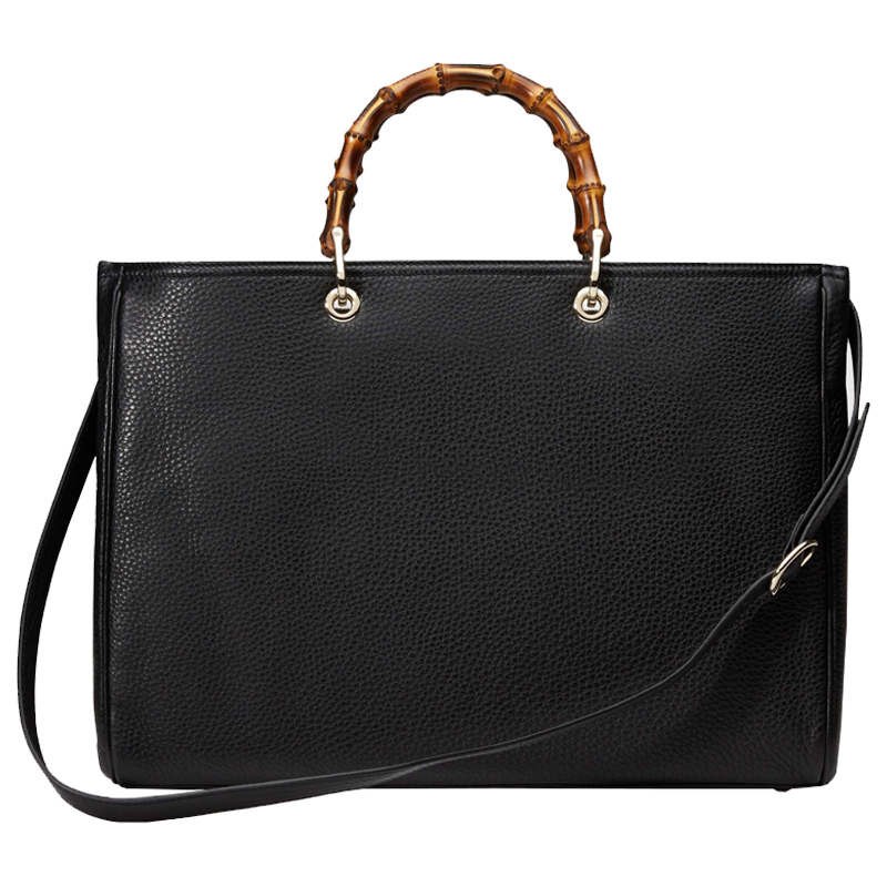gucci古驰gucci男女同款黑色牛皮大号竹节包手提单肩包公文包
