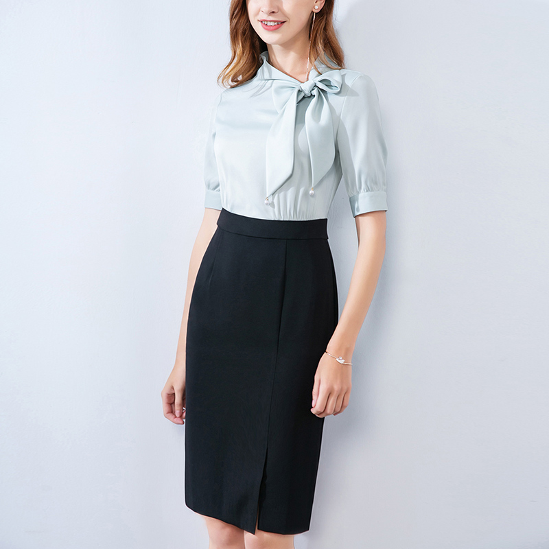 晚白 新品假两件修身显瘦高腰包臀裙一步裙职业连衣裙女