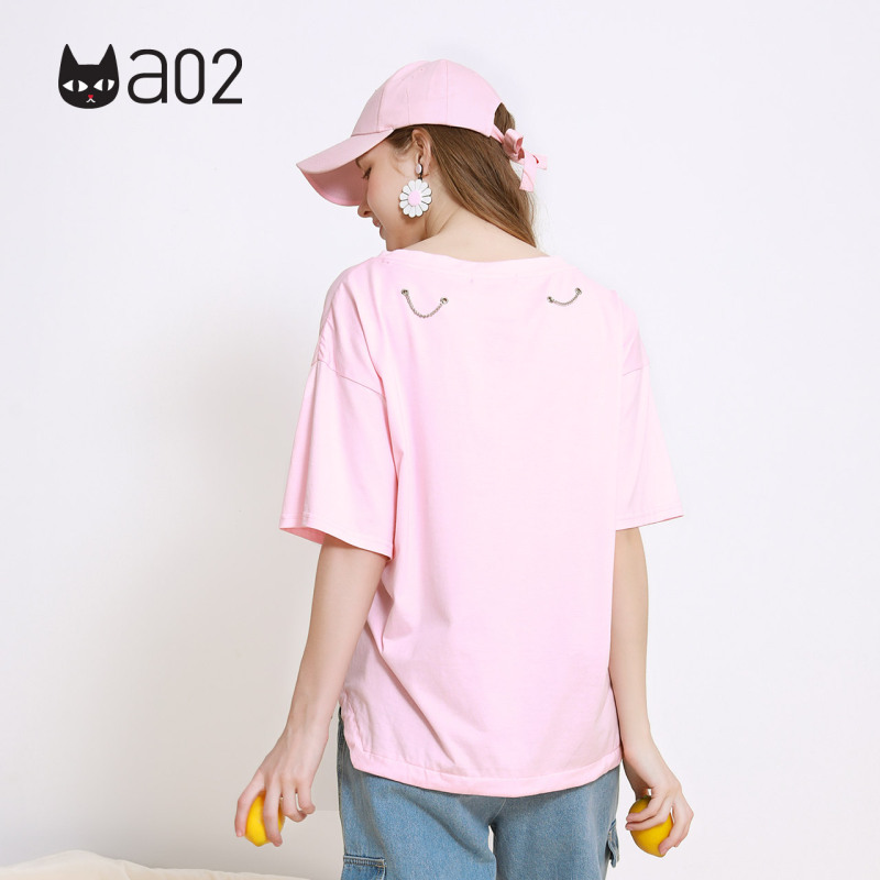 a02商场同款时尚金属链卡通印花抽绳收腰T恤女D1U2D0381KT