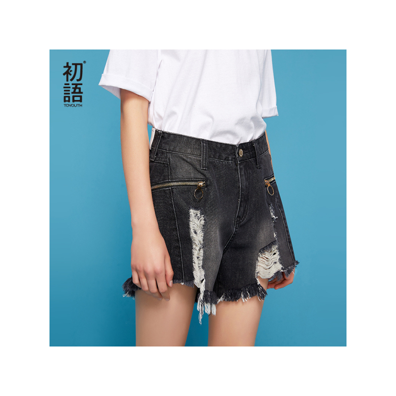 初语港味复古chic短裤洗水毛边宽松牛仔裤乞丐裤女