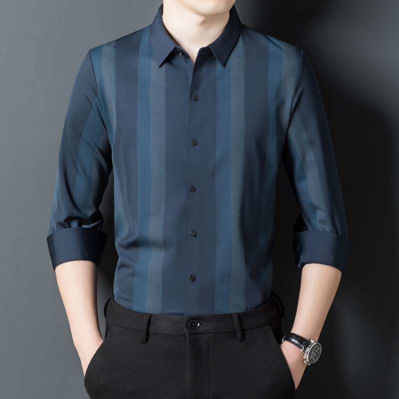 ceba2023时尚新款男士长袖衬衫时尚休闲男装秋季竖条纹衬衣