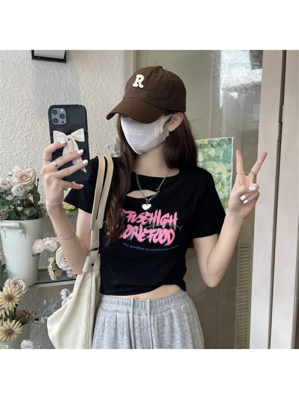 美式辣妹镂空短款T恤女夏季新款设计感修身显瘦短袖学生上衣