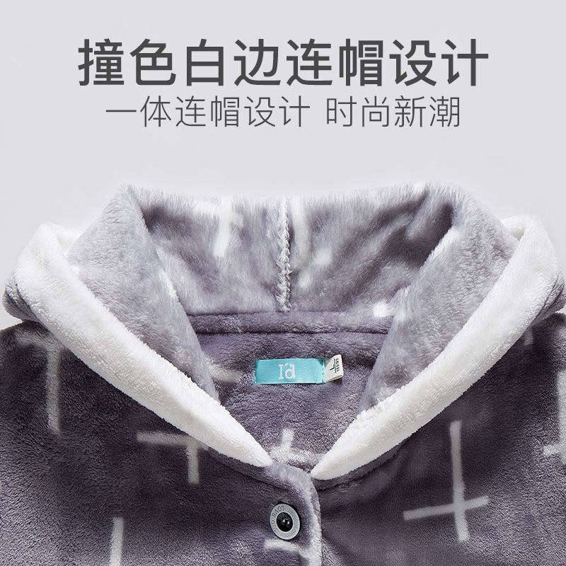 爱帝情侣加绒中厚保暖法兰绒外穿家居服女连帽卫衣套睡衣男居家服
