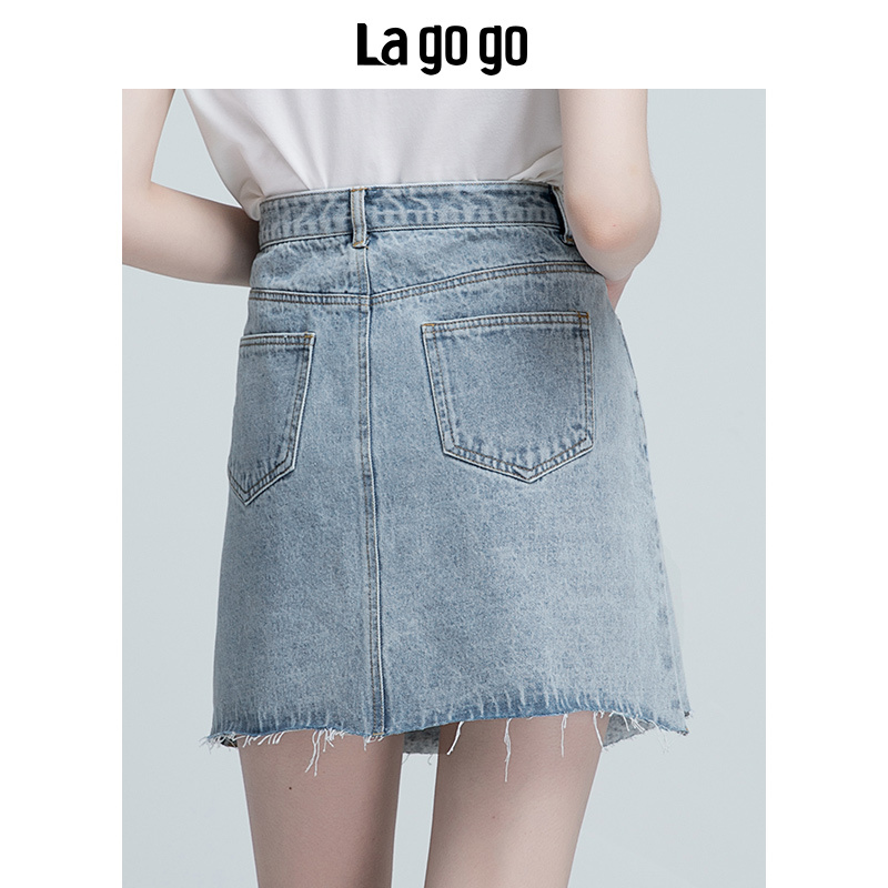 Lagogo破洞牛仔半身裙2018夏秋季新款女装浅色毛边高腰休闲裙子短款_1 155/S/36 浅牛