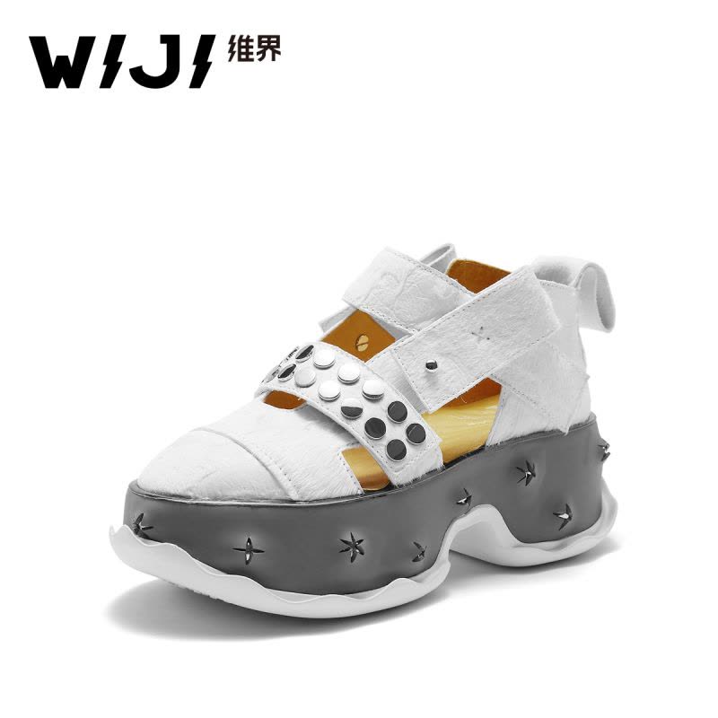 WIJI2018夏季新款黑色牛毛油蜡松糕底女鞋厚底韩版潮流铆钉搭舒适图片