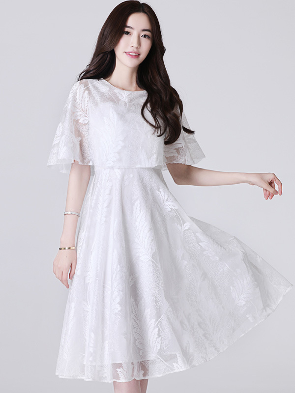 丝柏舍2019年春装纯色圆领荷叶袖中长款连衣裙s81r0846l