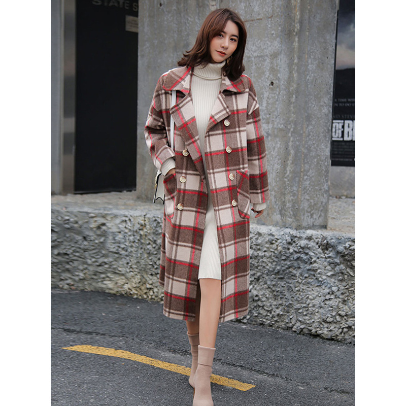 萝娜公主(LUONAGONGZHU)冬季新款气质简约女装格子宽松版中长款羊毛大衣外套