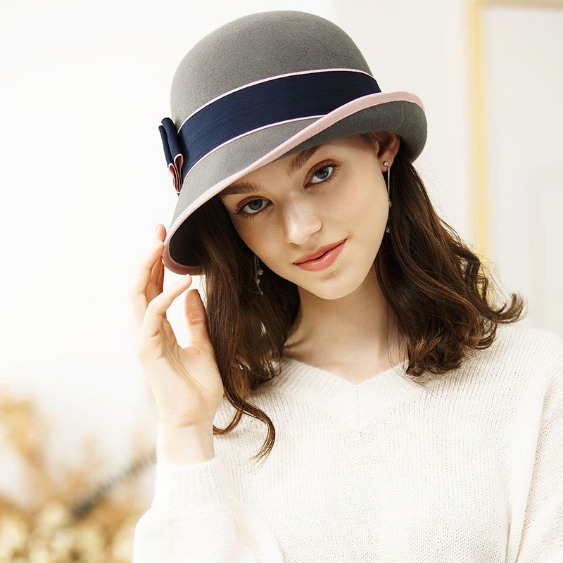 宏达HONDAR 2018秋冬新品女款精致撞色织带羊毛毡帽礼帽 MZ021A图片