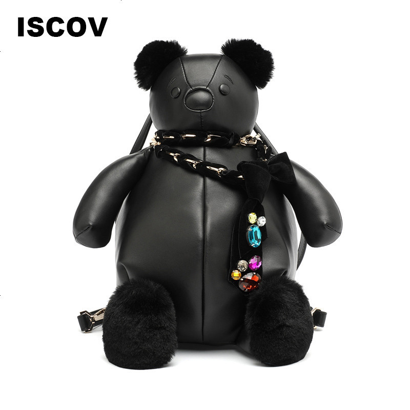 ISCOV可爱熊双肩包女春夏牛皮拼羊皮创意亮钻背包