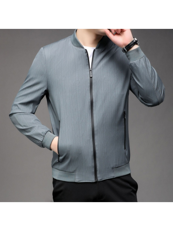 春秋新款休闲男款纯色夹克外套防风衣棒球领暗纹中年夹克