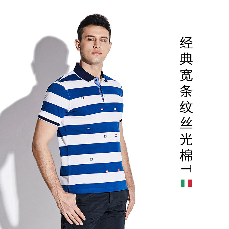 GIOVANNI ALESSANDRO GA男装 夏季条纹网织双丝光棉翻领T恤