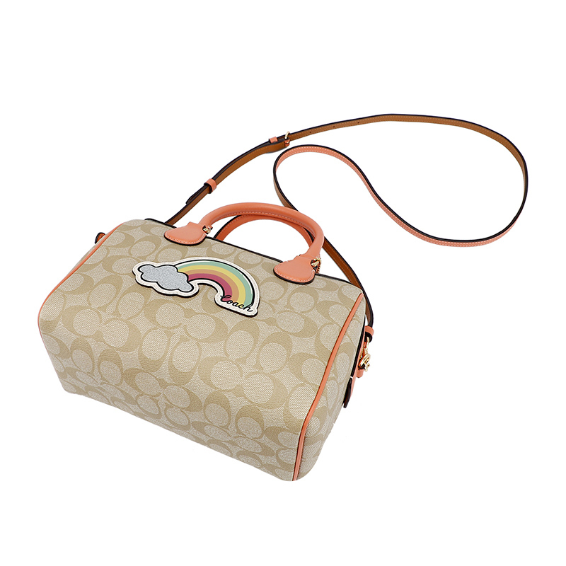 COACH 蔻驰 奢侈品 女士卡其豆沙粉人造革手提单肩斜挎桶包