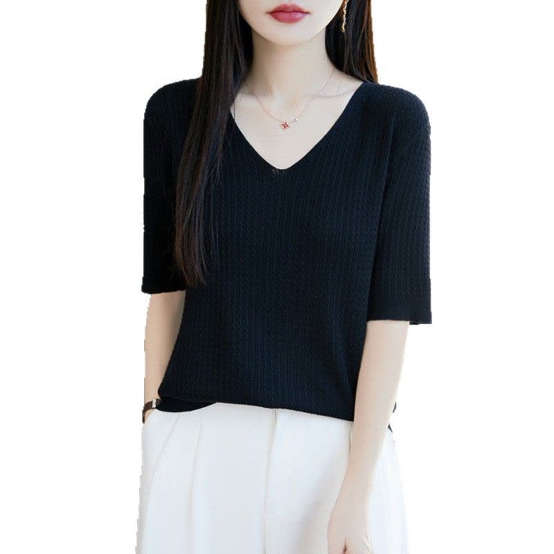 冰丝针织短袖女夏季新款V 领半袖薄款打底衫上衣显瘦百搭纯色内搭图片