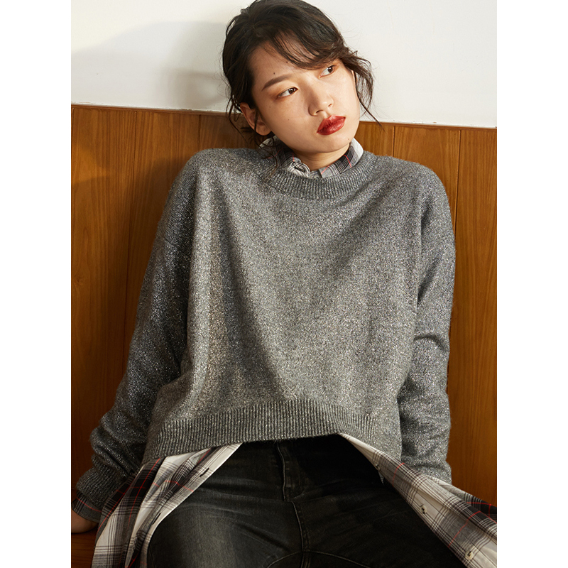 森宿Y圆领套头针织衫女秋冬装2018韩版宽松长袖简约短款上衣