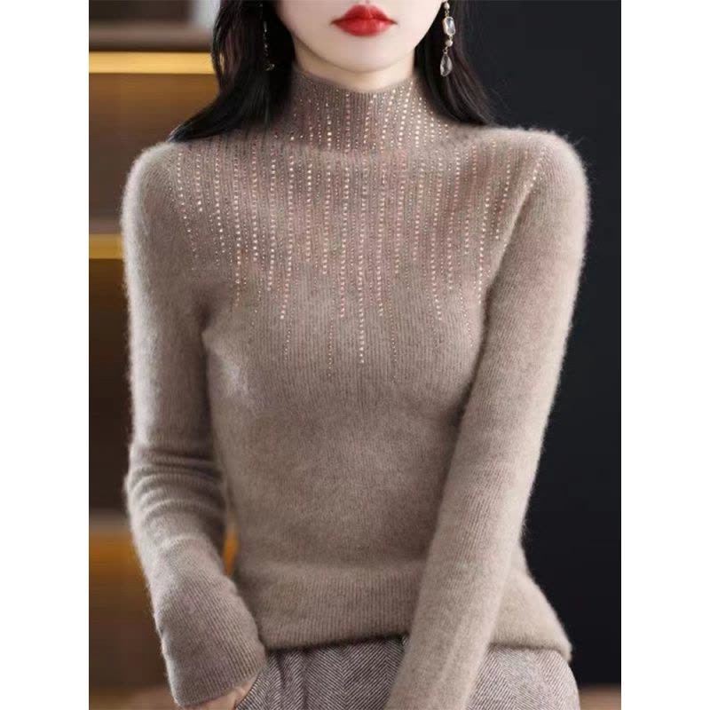秋冬新款镶钻半高领针织衫女修身抽条长袖毛衣打底衫时尚洋气图片