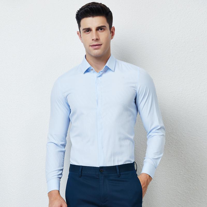 才子男装tries长袖衬衫男士年秋冬修身纯色寸衫商务休闲职业正装