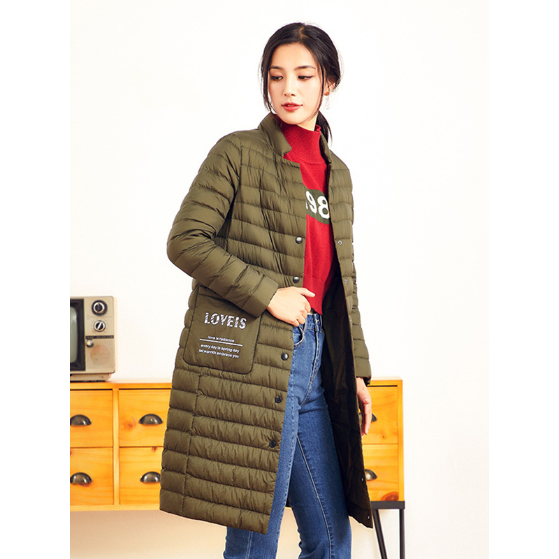 千仞岗2018新品中长款羽绒服女立领纯色休闲韩版轻羽绒外套229031