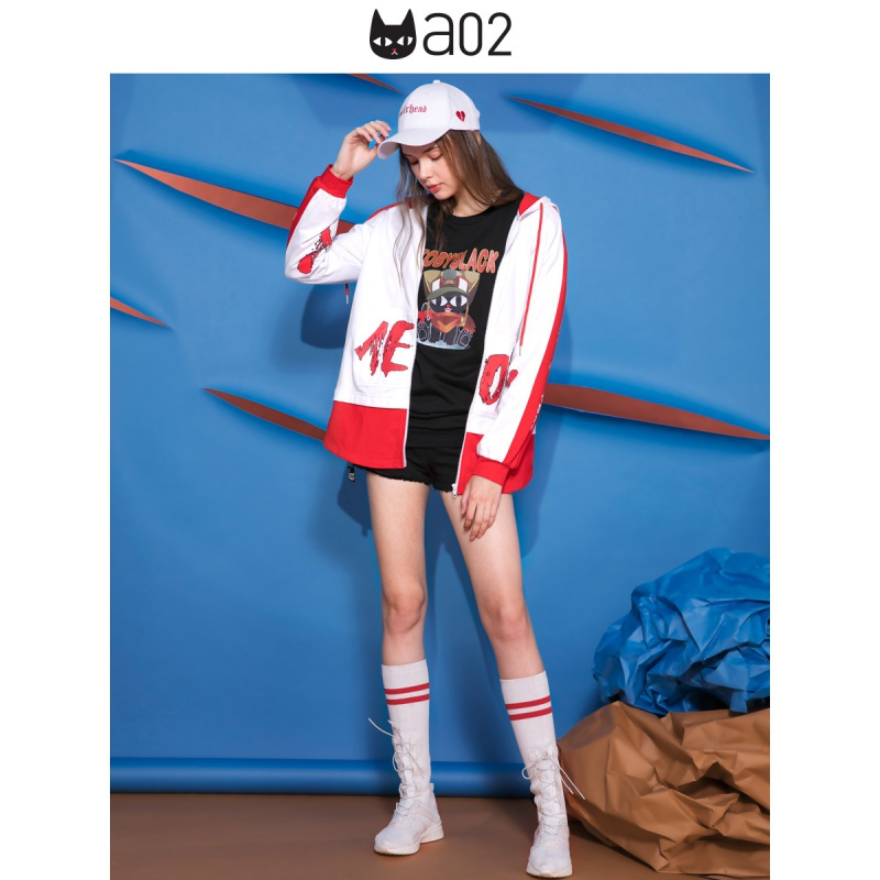 a02新款个性少女露肩拉链卡通印花中长款卫衣女DTU5B0571KT