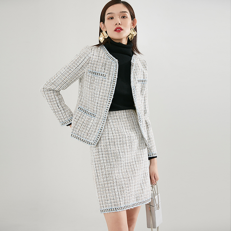 晚白2020冬季新品两件套毛呢外套高腰包裙半身裙小香风时尚套装女