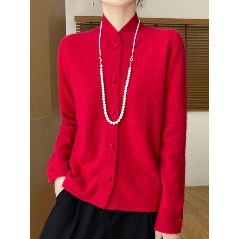 新中式国风羊毛旗袍立领针织开衫长袖女年秋冬新款纯色外套图片