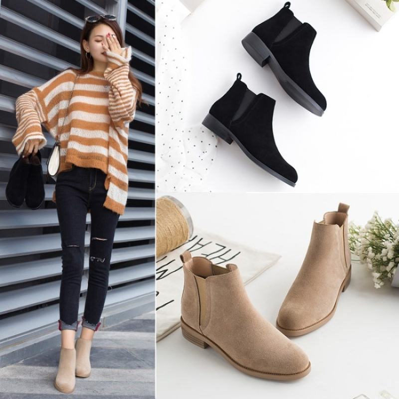 切尔西短靴女2018秋冬新款韩版百搭粗跟低跟裸靴平底马丁靴子真皮dx