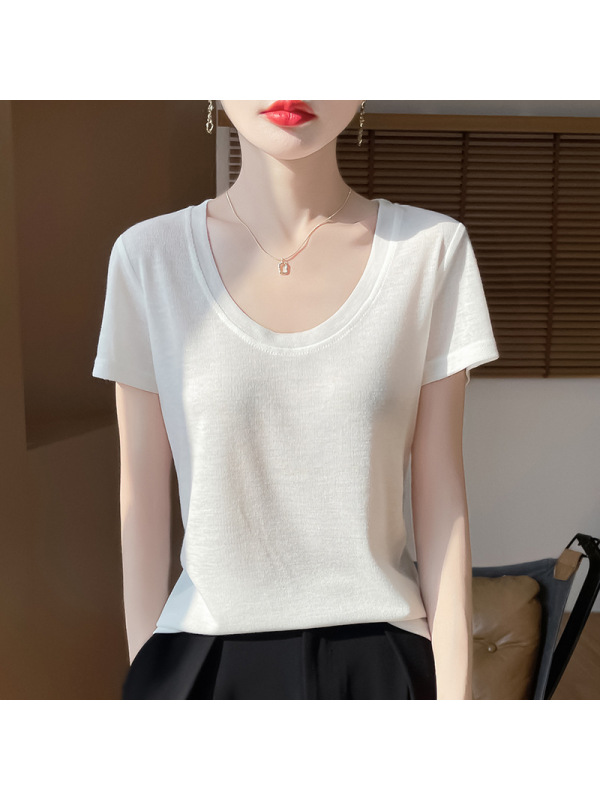 2025年春夏新款精纺U领针织衫短袖T恤女纯色薄款宽松打底衫上