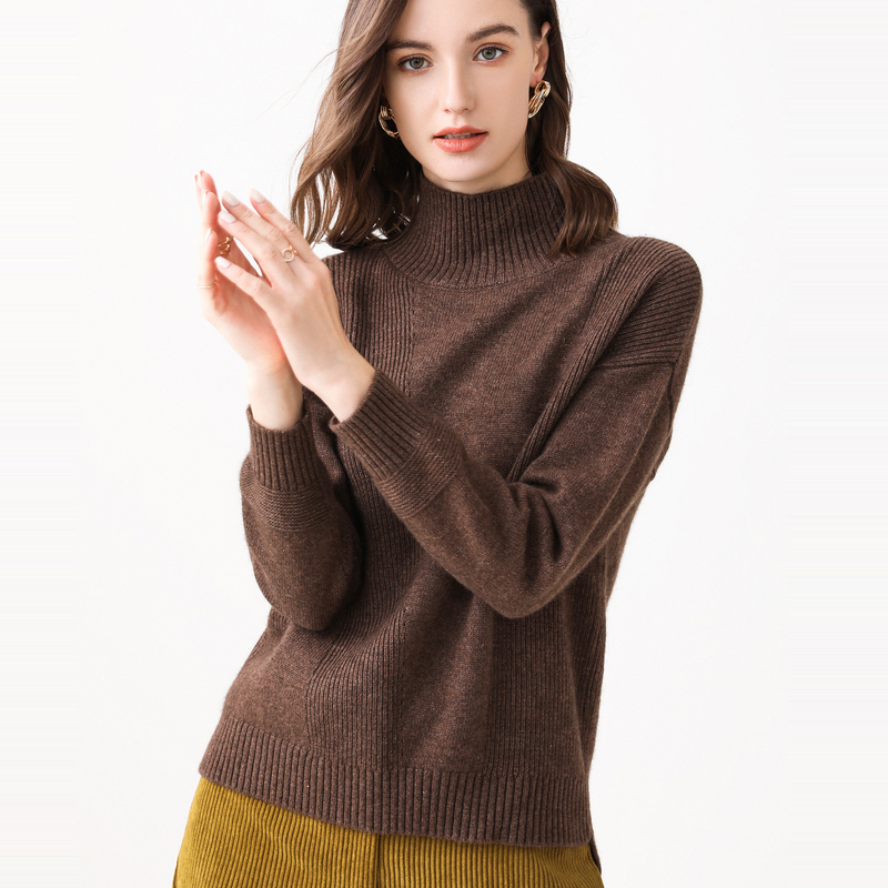 恒源祥秋冬半高领毛衣女厚款牦牛绒混纺针织衫宽松前短后长套头衫