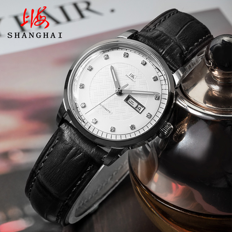 上海(SHANGHAI)手表女机械表大气镶钻刻度全自动透底双历防水803简约钢带女士手表