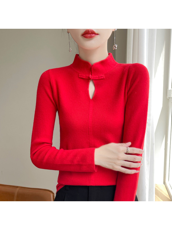 纯色中式盘扣上衣女秋季紧身显瘦打底针织衫软糯风毛衣