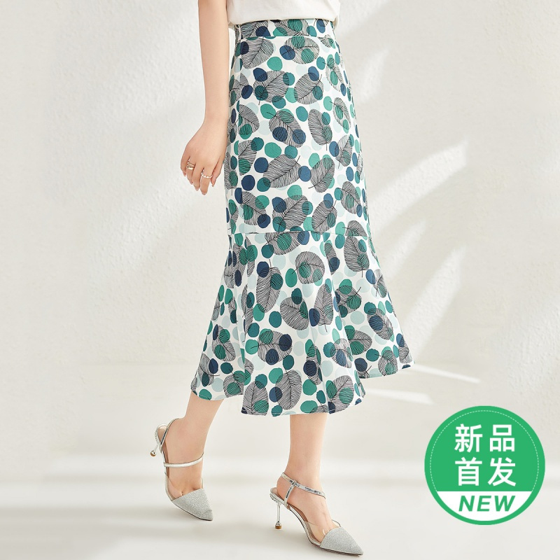 OUNIXUE欧昵雪 | [优雅波点鱼尾裙]夏季高腰显瘦植物印花中长款时尚半身裙女
