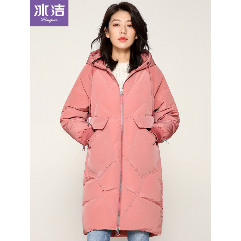 冰洁2018秋冬新款中长款羽绒服女休闲拉链保暖时尚连帽外套女J80143030