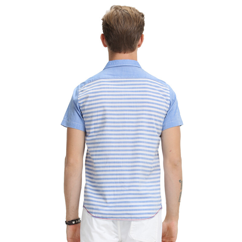 七匹狼swjeans青年男士衬衫休闲海洋风蓝白条纹短袖衬衫男海蓝