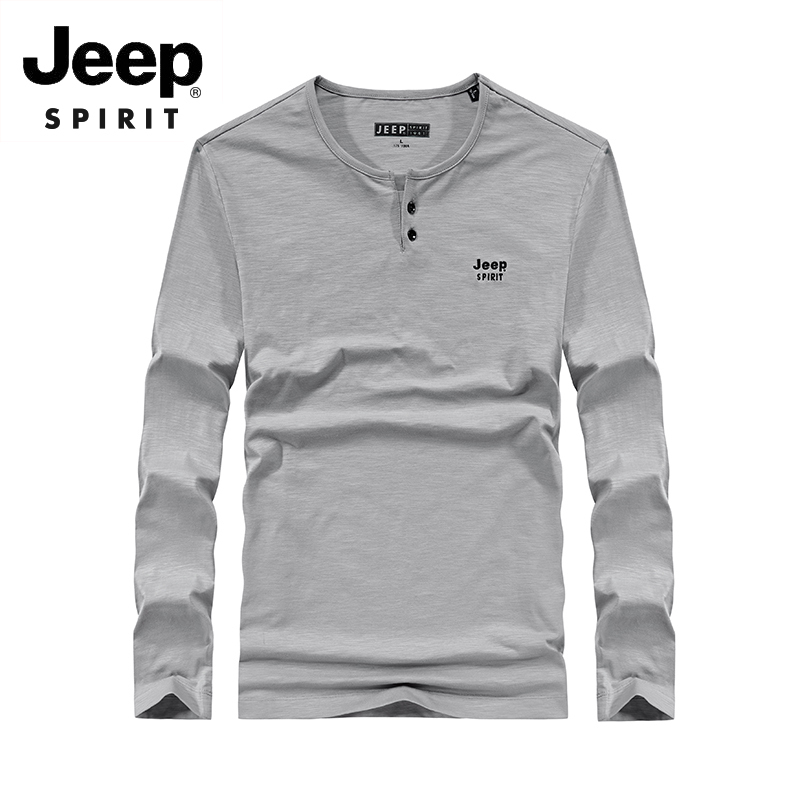 JEEP/吉普秋季新款长袖T恤男宽松圆领休闲运动打底衣男纯色上衣潮