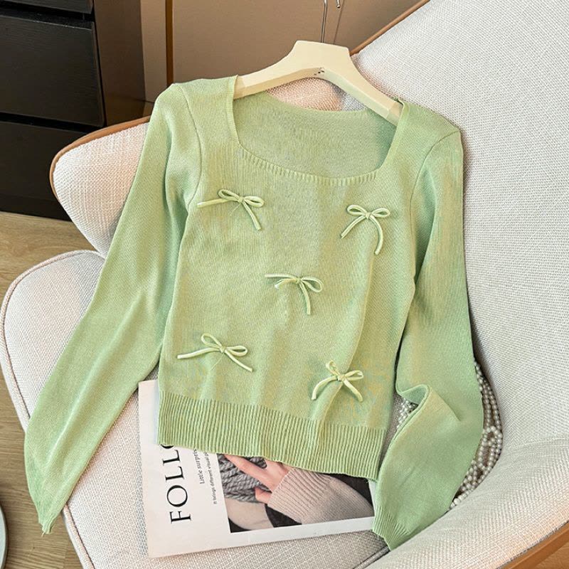 秋季新款设计感打底衫甜辣上衣韩版小香风蝴蝶结长袖针织衫ins潮图片