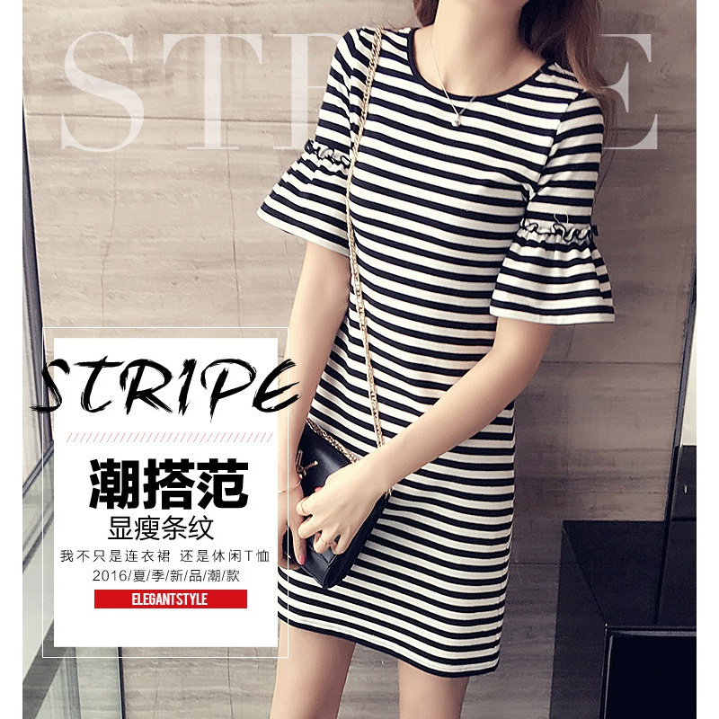 夏装条纹连衣裙女装韩版修身显瘦喇叭袖短袖T恤女式中长款潮