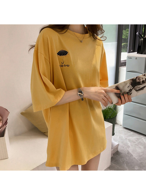 夏季新款刺绣短袖T恤女网红同款衣服女韩版百搭中长款上衣女