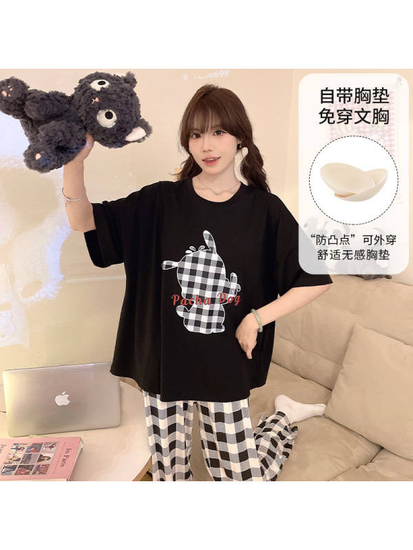 夏季莫代尔带胸垫睡衣女圆领短袖长裤套装卡通可爱风家居服可外穿