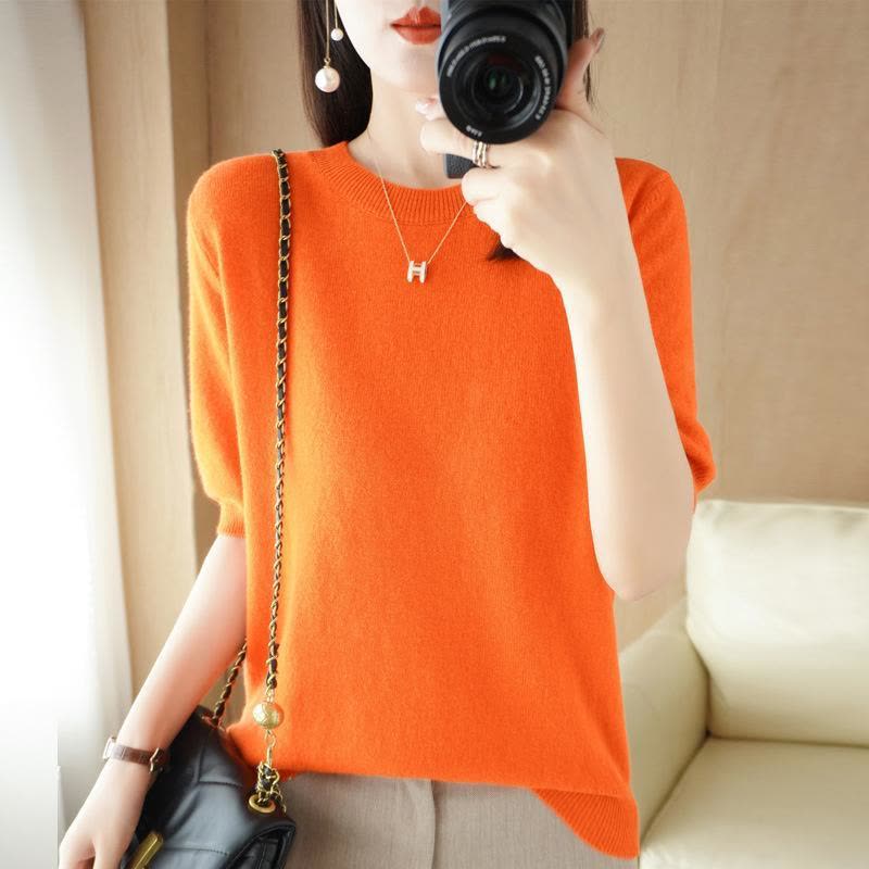 新款针织衫短袖T恤女圆领半袖宽松毛衣外穿内搭修身套头打底上衣图片