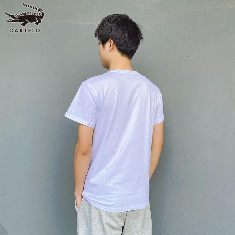 卡帝乐鳄鱼(100%棉) 夏季新款男士白色短袖圆领T恤高尔夫印花时尚百搭