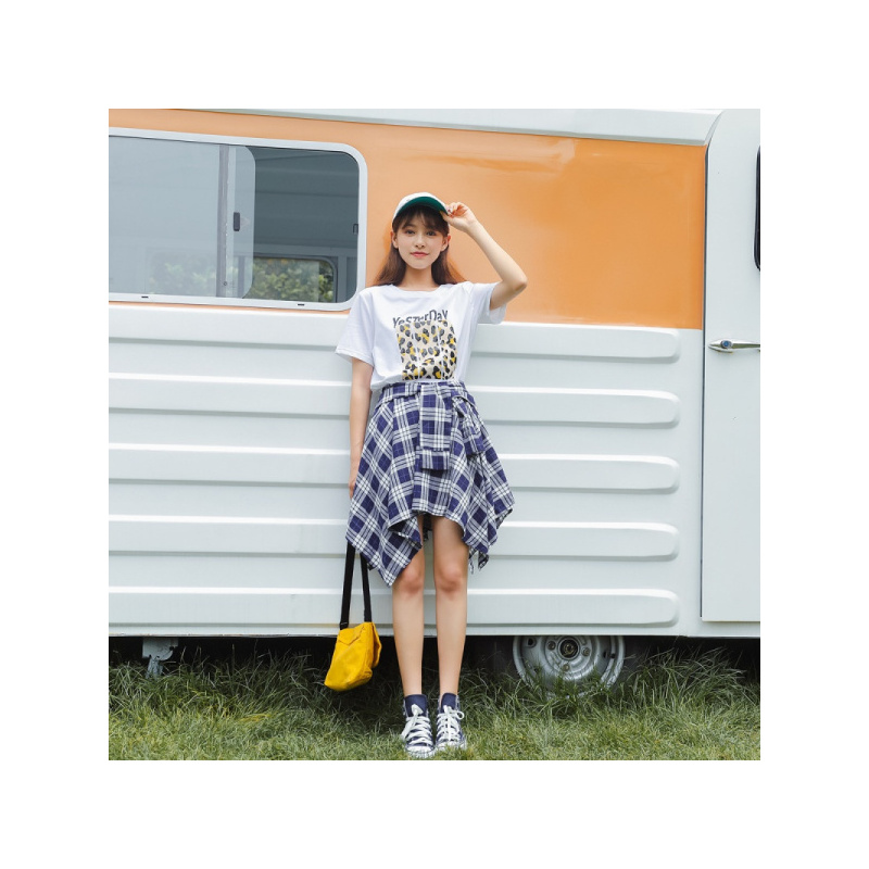 【专柜同款】拉夏贝尔7M女装网红格子半身裙夏季新款韩版衬衫假两件不规则休闲裙子70012781