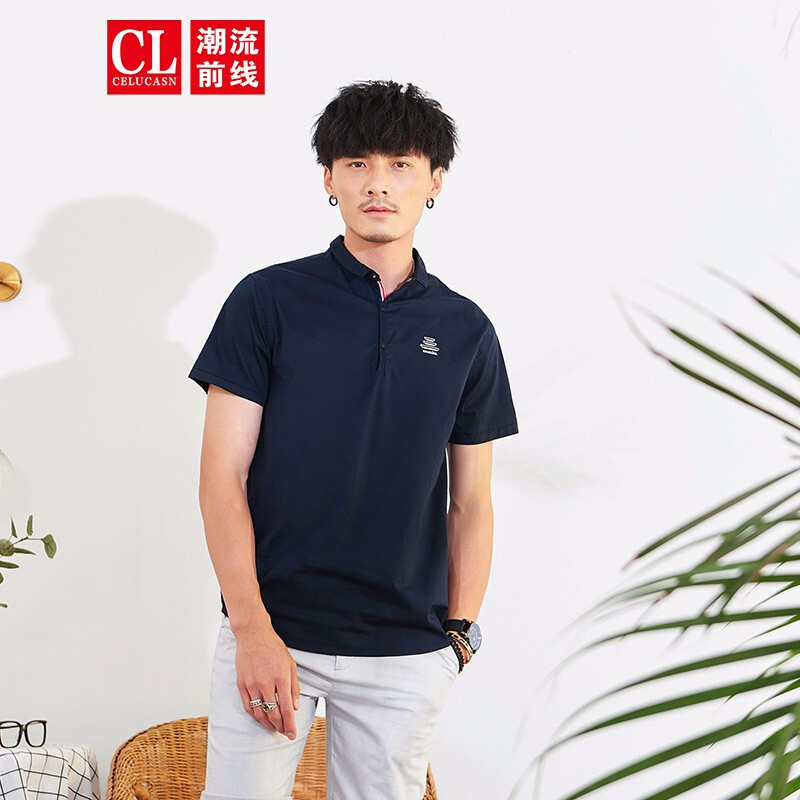 潮流前线夏季男款潮流纯色短袖校园休闲时尚小方领棉质短袖衬衫