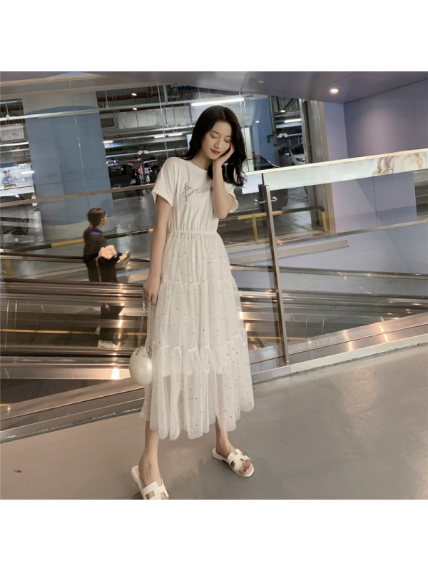 【秀衣记】连衣裙夏季女装A字裙亮片网纱短袖裙子学生韩版宽松中长款仙女裙
