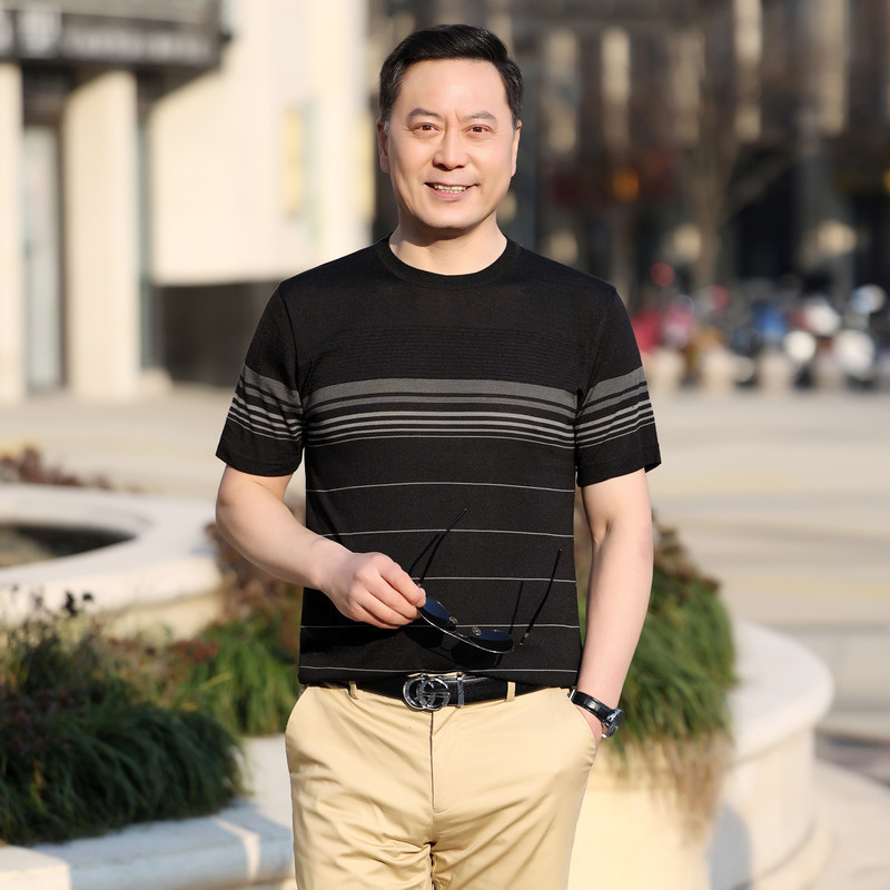 中年男士短袖圆领t恤 百搭休闲薄款简约翻领t恤爸爸装