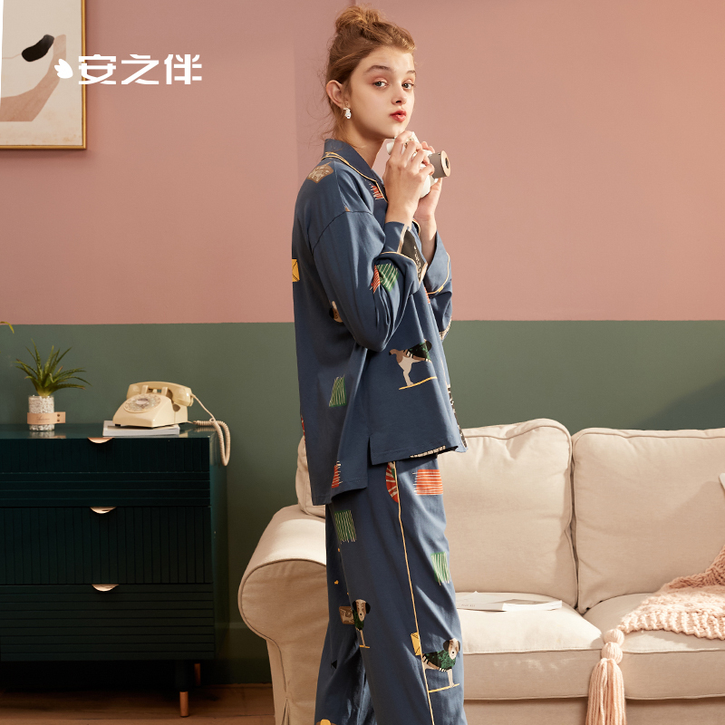 安之伴睡衣女春季长袖韩版卡通开衫套装全棉可外穿女士家居服套装
